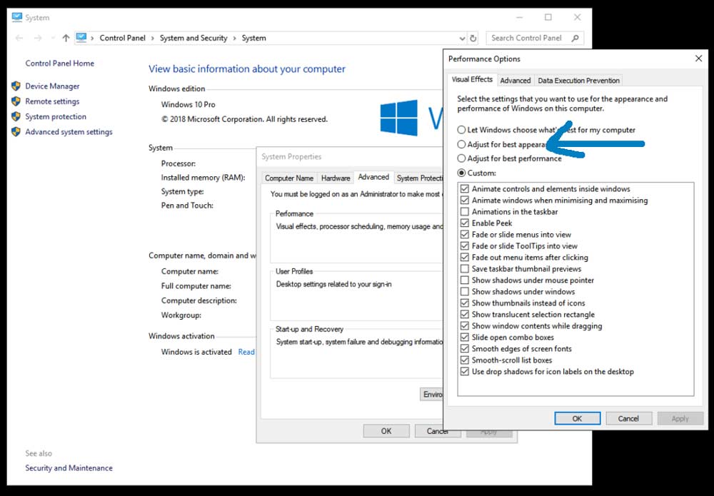 برای افزایش سرعت لپ تاپ در ویندوز 10 افکت‌های گرافیکی زیبا ولی سنگین می‌توانند سرعت سیستم‌های ضعیف‌تر را کاهش دهند. برای خاموش کردن آن مسیر زیر را دنبال کنید: Control Panel > System > Advanced system settings > Performance Settings اکنون گزینه Adjust for best performance را فعال کنید.