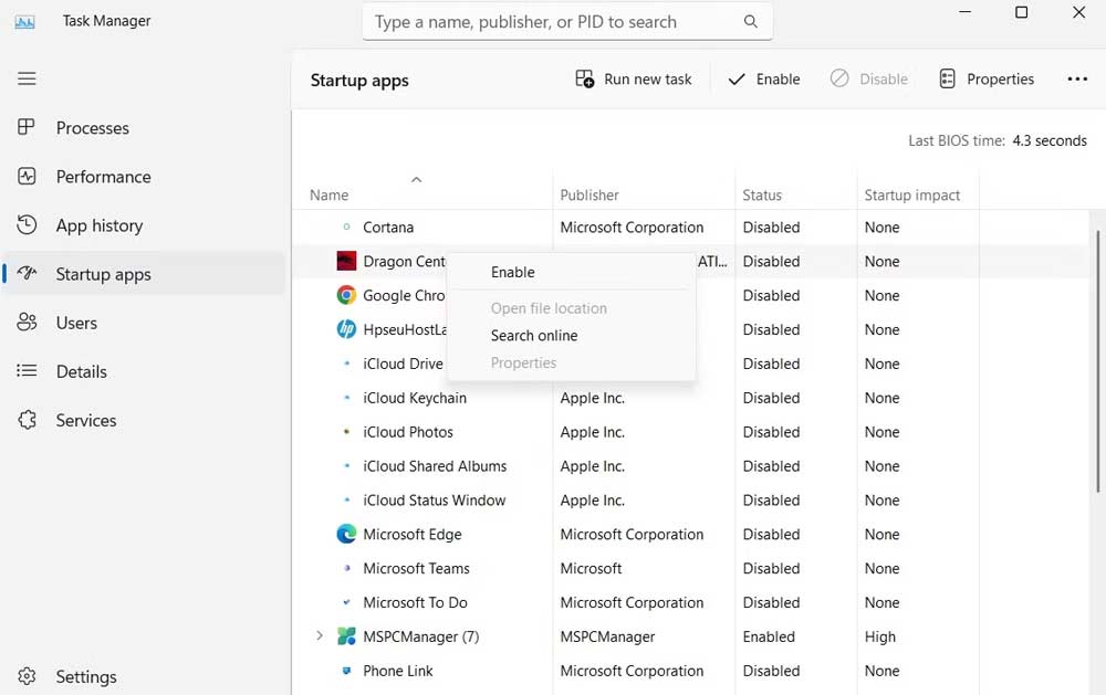 در کادر جستجو کنار آیکن ویندوز، عبارت Task Manager را تایپ کنید.  وارد زبانه startup شوید.  برنامه‌هایی که ضروری نیستند را Disable کنید.