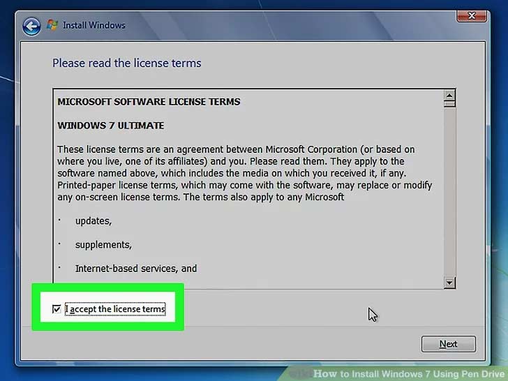 تیک گزینه‌ی I accept the license terms را فعال کنید